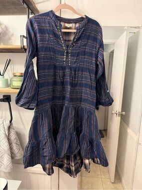 Cost Plus World Market Navy and Brown Striped Tiered Dress